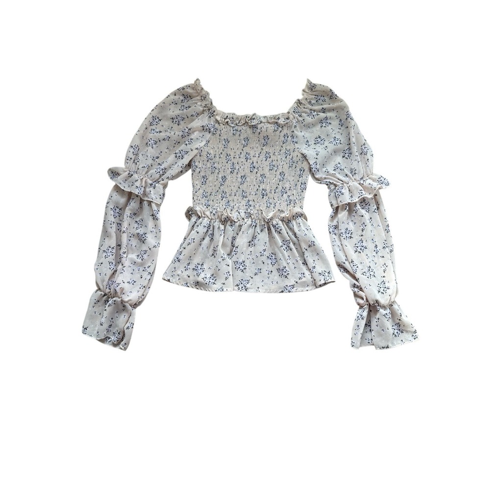 Pink Floral Long Sleeve Peplum Puff Sleeve Smocked Boutique Top Blouse Womens 8‎